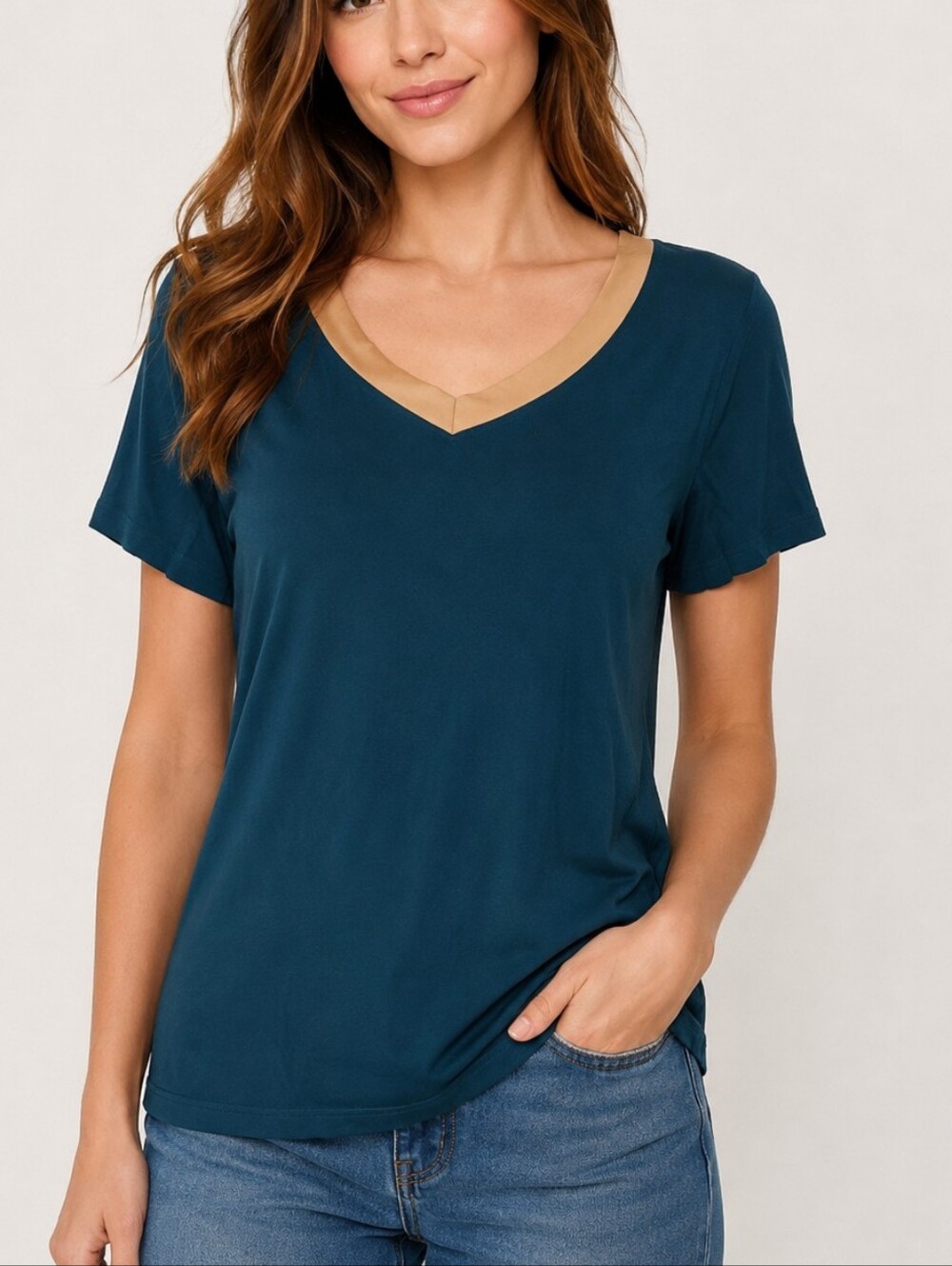 LATUZA Teal V-Neck Contrast Gold Satin Trim Lounge Top